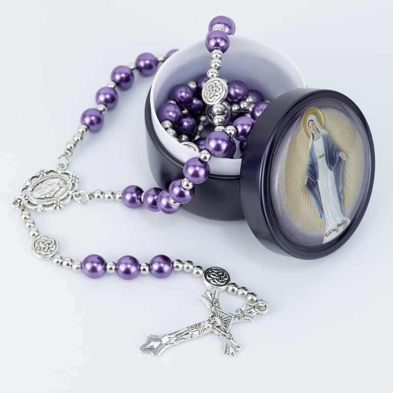 SUTANALE 8mm Glass Pearl Rosary Necklace for Women - Catholic Prayer Beads with Gift Box, Handmade Religious Jewelry for Baptism, First Communion - Image 2